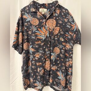 Mens Tropical Pineapple Short-Sleeve Button-Down Shirt - Black/Orange, 100% Silk